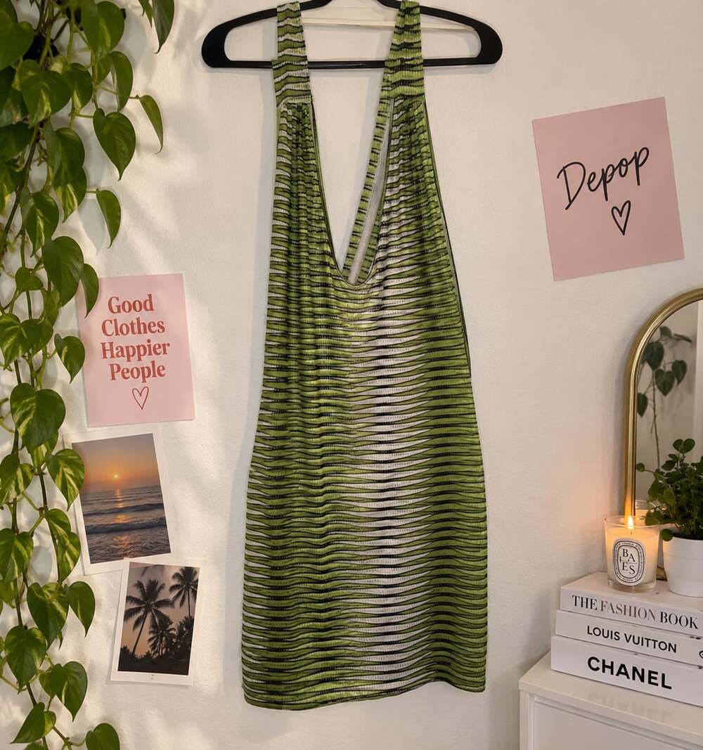 Shein Green and White Striped Halter Mini Dress Size L